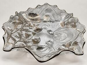 Vintage New Martinsville Silver Overlay Floral Ruffled Glass Centerpiece Bowl